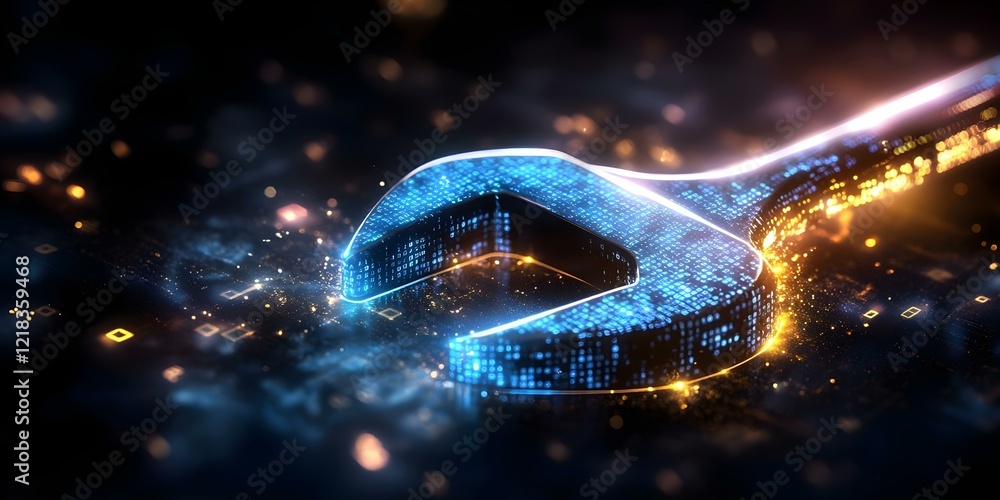 Poster a digital wrench with glowing, binary-themed patterns set against a dark, abstract background. conce