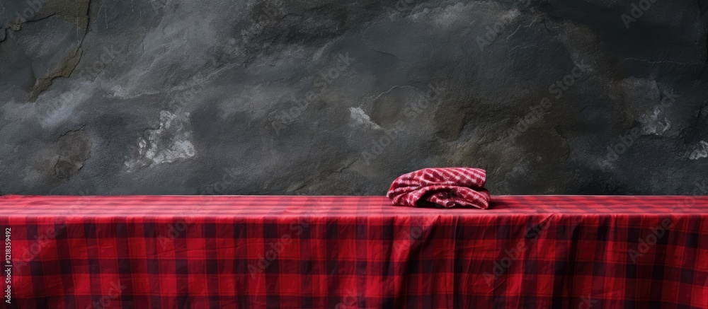 Aufkleber red checkered tablecloth draped on a wooden table against a textured dark stone wall featuring folds