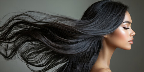 Fototapeta premium Beautiful young woman with long flowing hair, showcasing elegance and grace in mid close shot. soft lighting highlights her features and movement of her hair