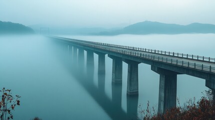 Obraz premium Misty Bridge Across the Serene Lake: A Breathtaking View