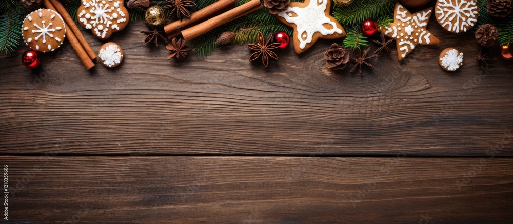 Poster spiced christmas cookies with decorations displayed on a rustic wooden table featuring cinnamon stic