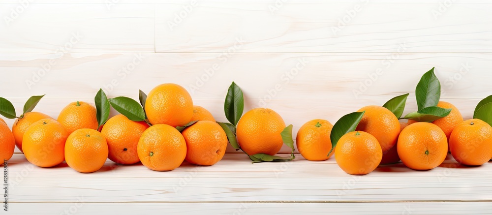 Aufkleber fresh tangerines with green leaves arranged on a clean white wooden table creating a bright and vibr