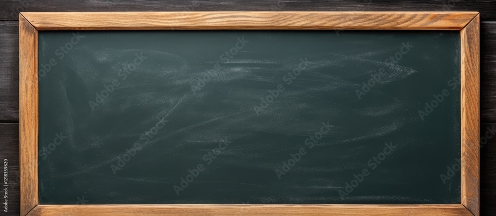Poster Aerial view of a large green chalkboard with a wooden frame, ample empty space for text, positioned centrally on a dark wooden surface.