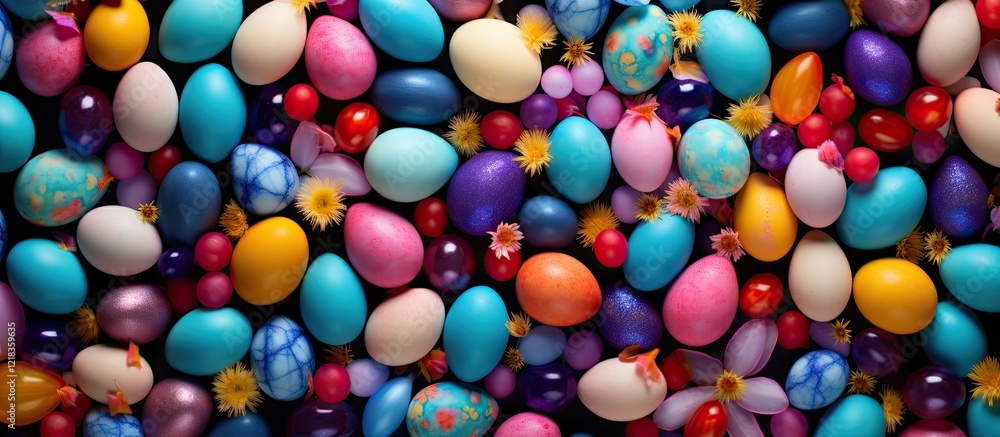 Poster vibrant top-down view of colorful easter eggs in assorted shades of blue, pink, and purple, creating