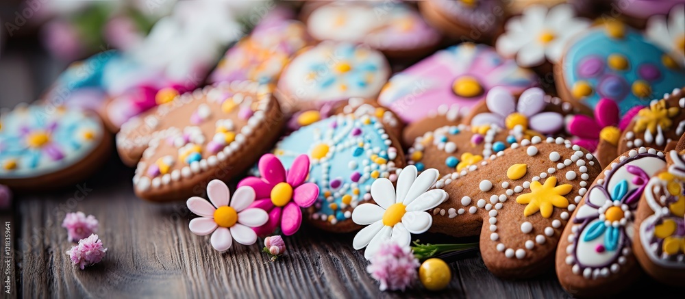 Poster easter themed gingerbread cookies adorned with vibrant flowers arranged on a rustic wooden surface w