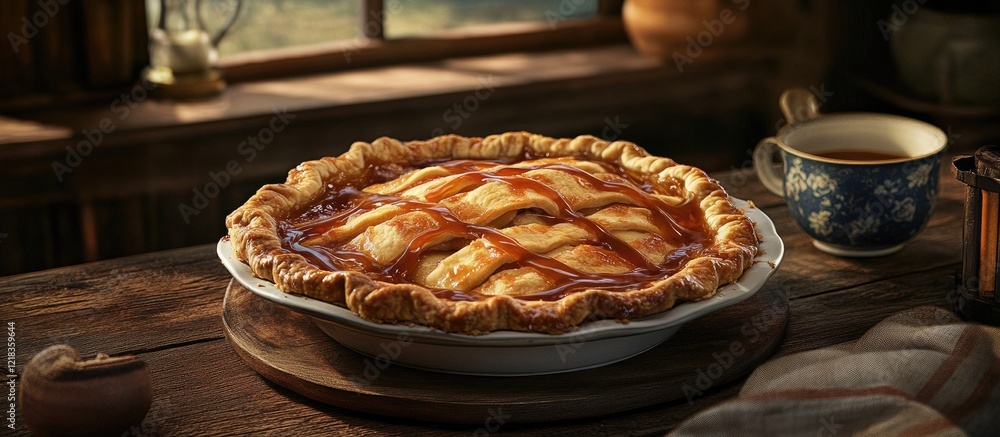 Poster rustic apple pie with a golden brown crust and rich caramel glaze, centered on a wooden table with w