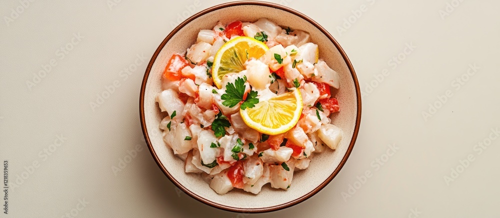 Aufkleber vibrant ceviche with lemon slices and herbs in a round bowl on a light beige background highlighting