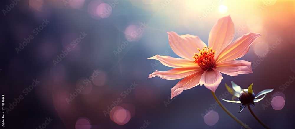 Poster delicate pink flower with vibrant orange center positioned right, soft bokeh background with blue an