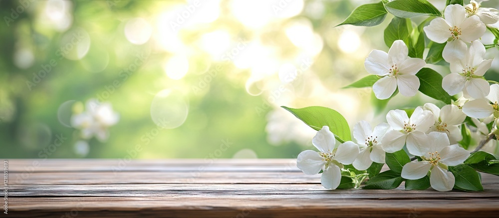 Poster delicate white flowers on a wooden table with a blurred green background, soft natural light creatin