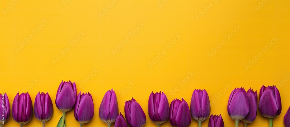 Aufkleber vibrant purple tulips arranged along the bottom of a bright yellow background creating a stunning fl