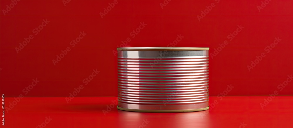 Poster silver canned food on a solid red background, centered in the image, showcasing the can's shiny meta