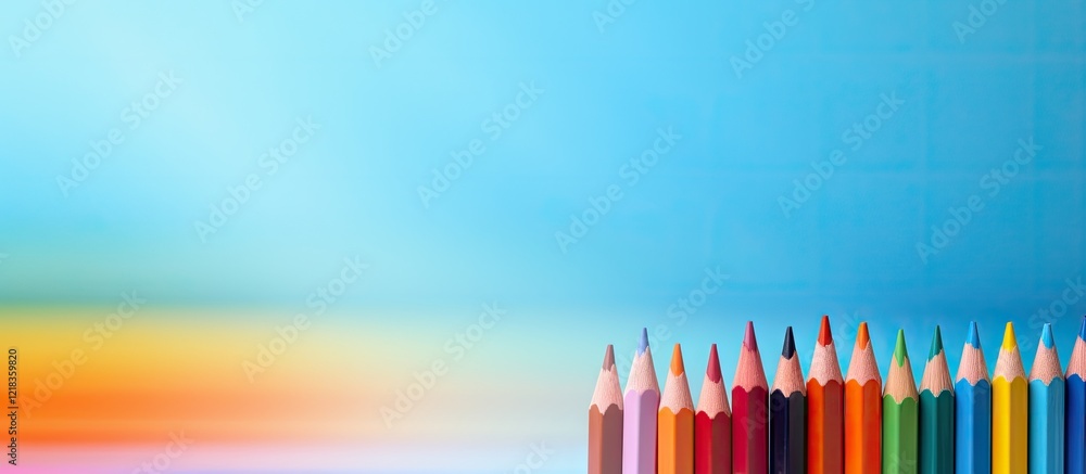 Poster Colorful collection of sharpened colored pencils arranged at the bottom on a blurred blue and orange gradient background with ample copy space
