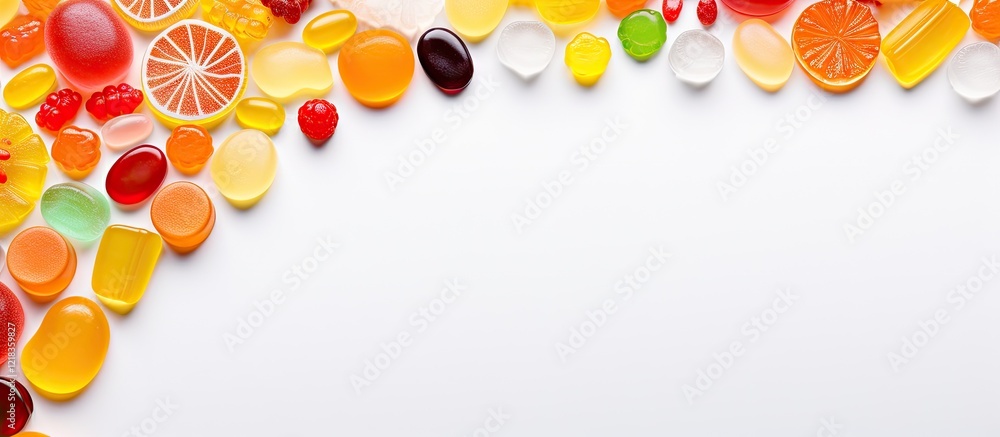 Poster colorful assortment of jelly and marmalade candies arranged in a curved pattern along the edge of a 