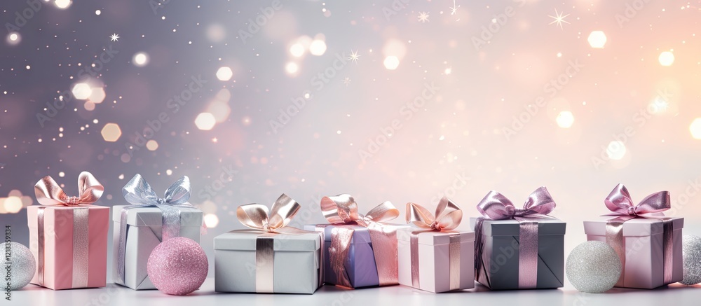 Poster festive arrangement of pastel-colored gift boxes with bows on a blurred background of soft bokeh lig