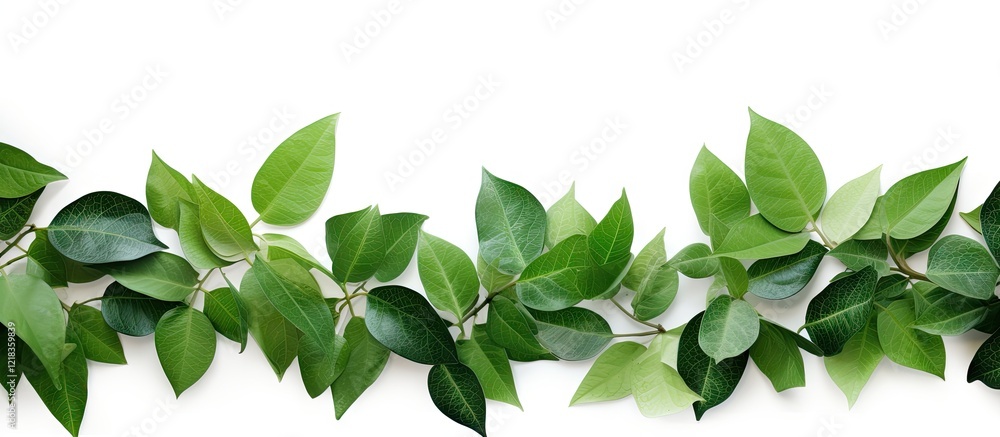 Poster isolated green leaves arranged horizontally along the top edge of a clean white background creating 