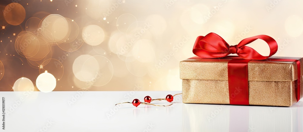 Poster gold gift box with a red ribbon positioned on a white surface, decorated with red beads, set against