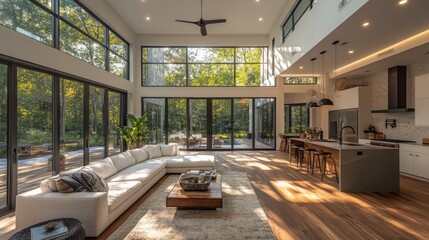 Sunlit modern home interior with open floor plan, large windows, sectional sofa, and kitchen island.