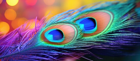 Obraz premium Vibrant multicolored peacock feather in close up with vivid blue and green eye patterns against a blurred warm bokeh background ideal for copy space