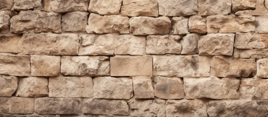 Fototapeta premium Textured medieval stone wall close up featuring rough sandy surfaces in neutral beige tones ideal for background design uses