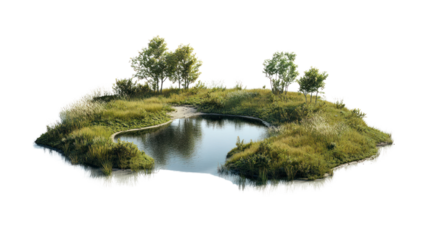 Lush island with trees surrounded by tranquil water, showcasing peaceful nature and biodiversity in a serene environment.