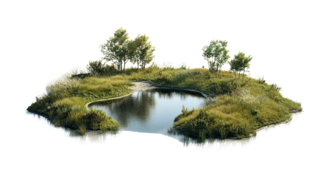 Lush island with trees surrounded by tranquil water, showcasing peaceful nature and biodiversity in a serene environment.