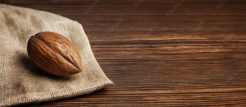 Poster almond seed in a natural sack on a textured brown wooden surface with soft shadows creating a rustic