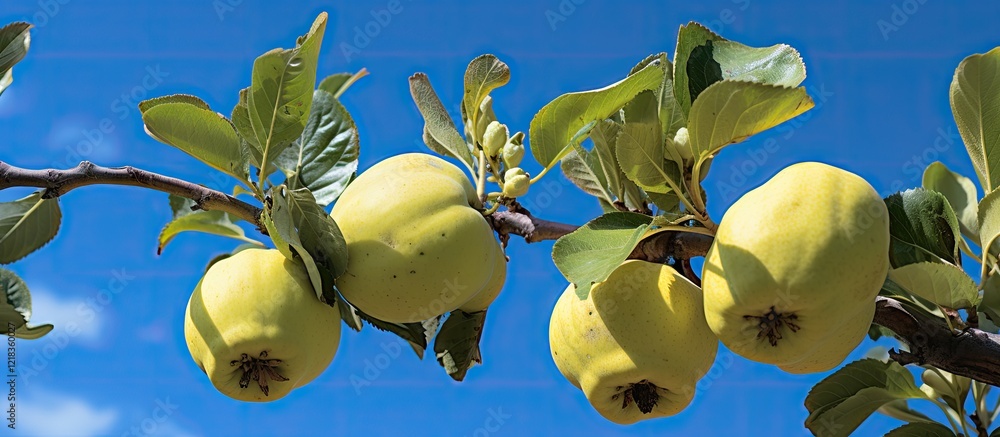 Poster ripening quince fruit on a green branch against a bright blue sky with soft clouds providing ample e