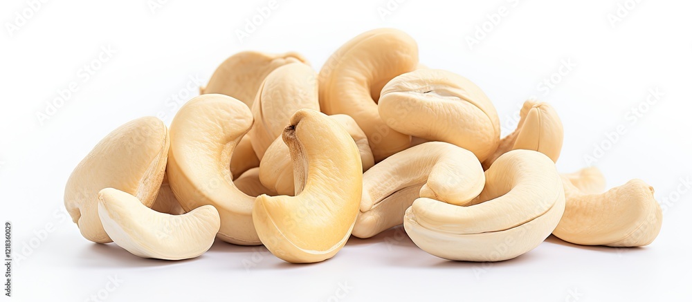 Aufkleber Close up of raw cashew nuts piled on a white background with soft shadows and ample negative space for text placement