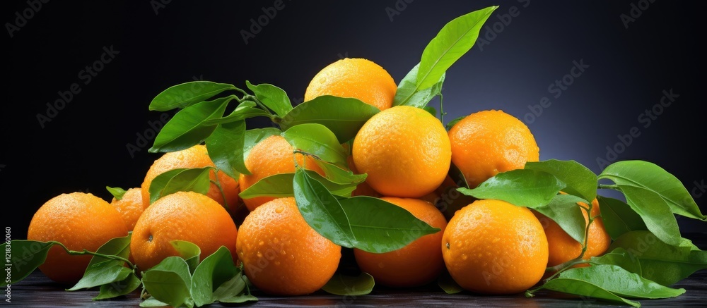Poster fresh vibrant mandarins with green leaves arranged in a pile on a dark backdrop highlighting their b