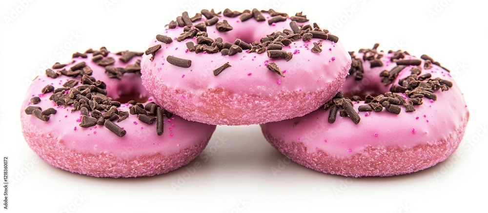 Poster Three pink frosted donuts topped with chocolate sprinkles arranged in a triangular formation on a white background, vibrant colors appealing to dessert lovers.