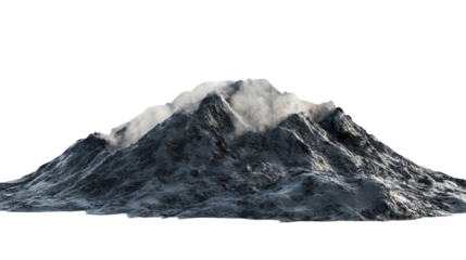 Majestic mountain peaks shrouded in mist, creating a dramatic landscape against a clear sky.