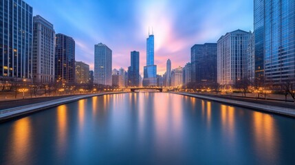 Obraz premium a brilliant cityscape at twilight, with the skyline illuminated by thousands of lights