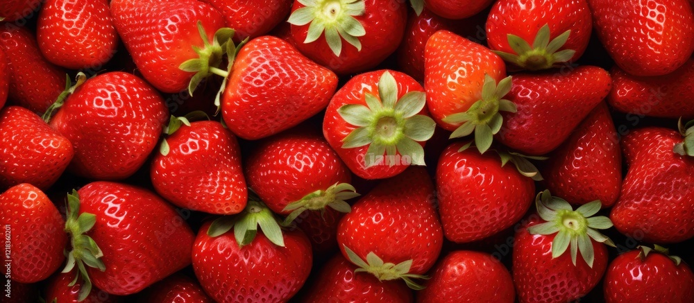Poster vibrant red ripe strawberries densely packed with green leafy tops on a dark surface creating a lush