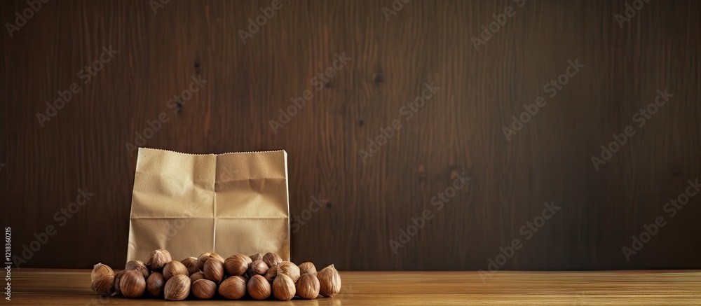 Poster paper bag with fresh chestnuts on a wooden table in warm brown tones; copy space on the left for tex