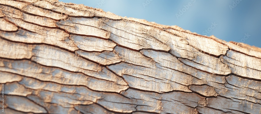 Poster vintage tree bark texture in warm brown tones illuminated by morning sun with soft blue background a