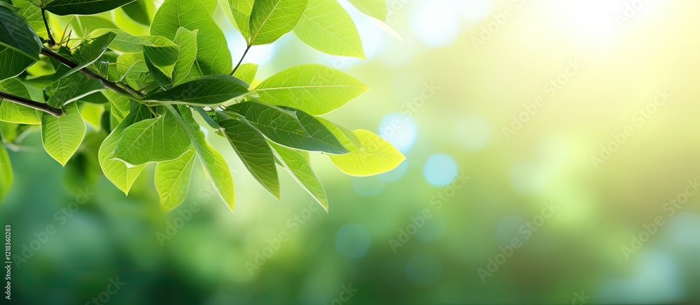 Poster Vibrant sunny backdrop illuminates lush green leaves with soft light creating a serene space for text or designs in a nature setting