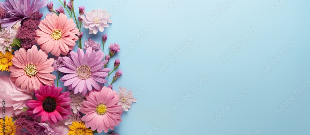 Poster vibrant top-down view of pink and purple flowers arranged on a pastel blue background with ample cop