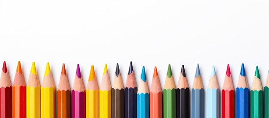 Colorful border of sharpened pencils arranged horizontally on white background with vibrant hues of red, blue, yellow, and green for educational themes