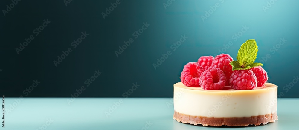 Poster Mini round raspberry cheesecake topped with fresh raspberries and mint on a smooth surface against a softly blurred teal background
