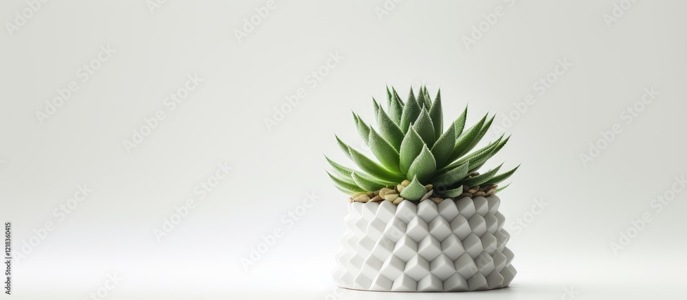 Poster haworthia cooperi succulent in a textured white pot on a light gray table with a minimalist backgrou