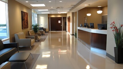 A modern clinic reception with sleek furniture, a clean waiting area, and stylish interior design elements.