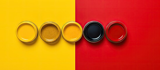 Colorful flat lay of paint jars in yellow, black, and red on a vibrant yellow and red background with ample copy space for design ideas.