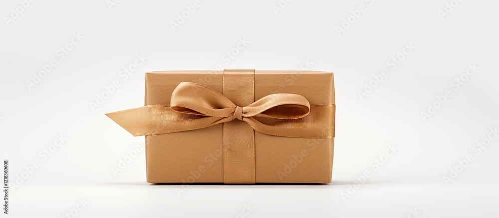 Poster Kraft paper gift box tied with a light brown ribbon centered on a white background with ample copy space for branding or design needs.
