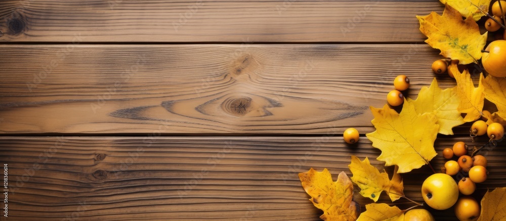 Poster Vibrant autumn leaves in yellow and golden hues on a rustic wooden backdrop with ample copy space on the left for text or graphics