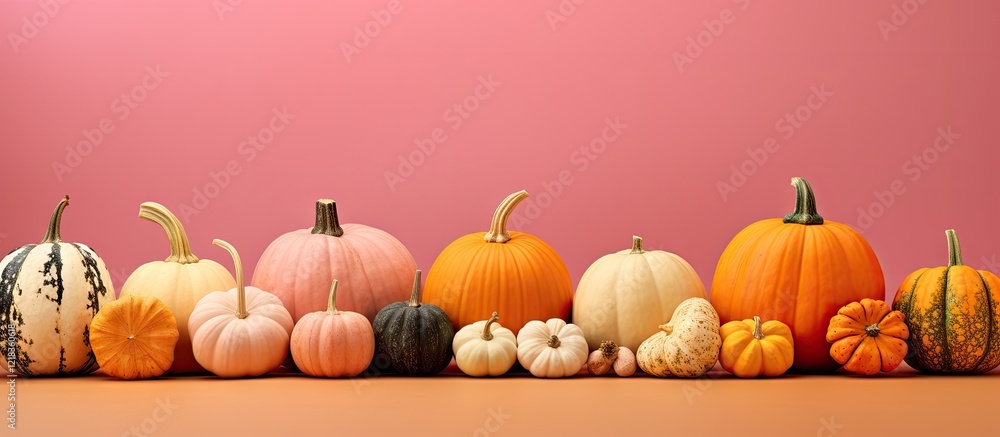 Poster Autumnal gourds in various colors including orange white and green arranged on a soft pink background with ample copy space above and below