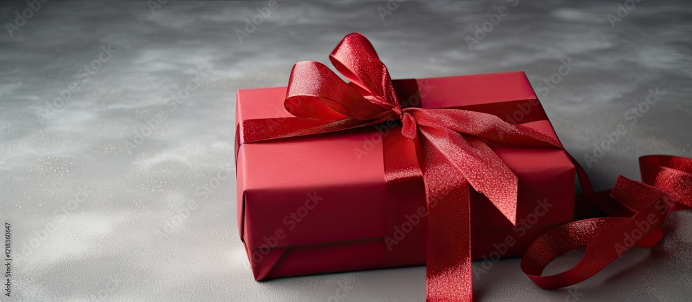 Poster red gift box with a glossy finish, tied with a large ribbon, positioned on a soft gray surface, crea
