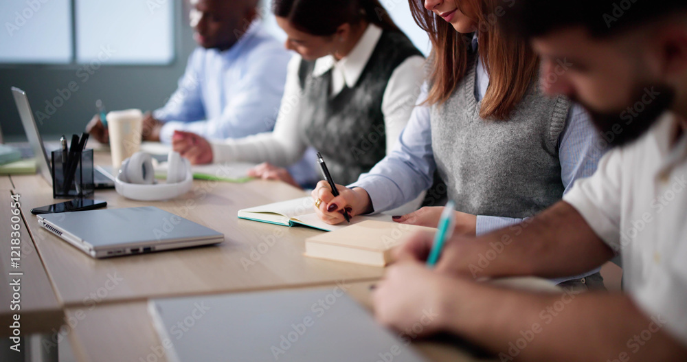 Poster studying in classroom at campus. students writing