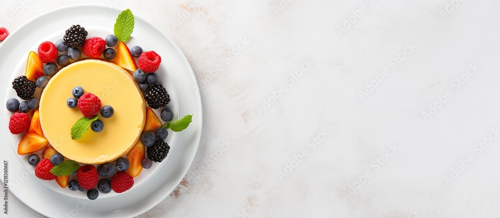 Poster Top down view of a vibrant cheesecake topped with fresh berries and mango on a light gray plate against a clean white background with empty space