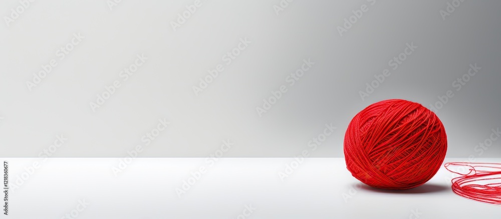 Poster red yarn ball positioned on a white surface with ample copy space on a light gray background for cre