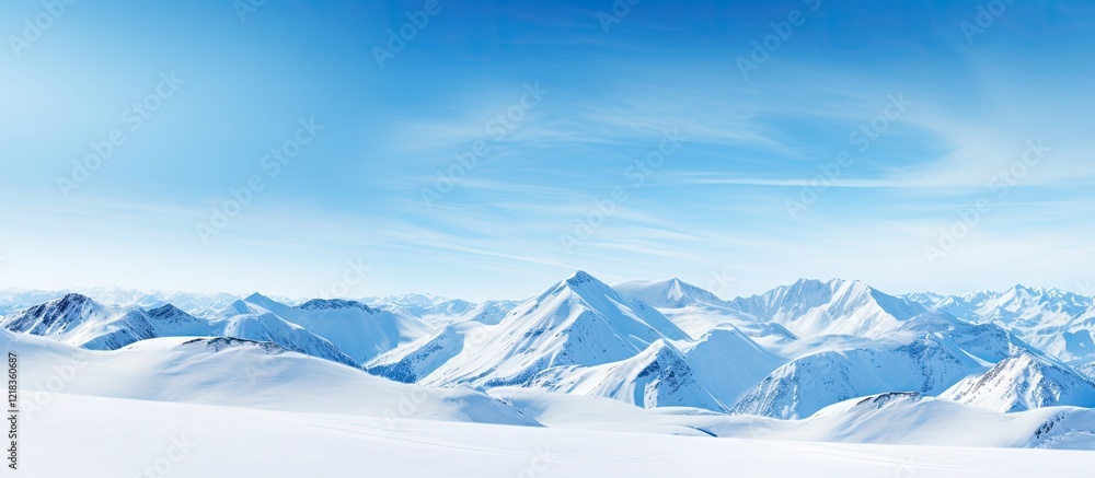 Poster panoramic view of a snow-covered mountain slope against a clear blue sky with expansive white snow i